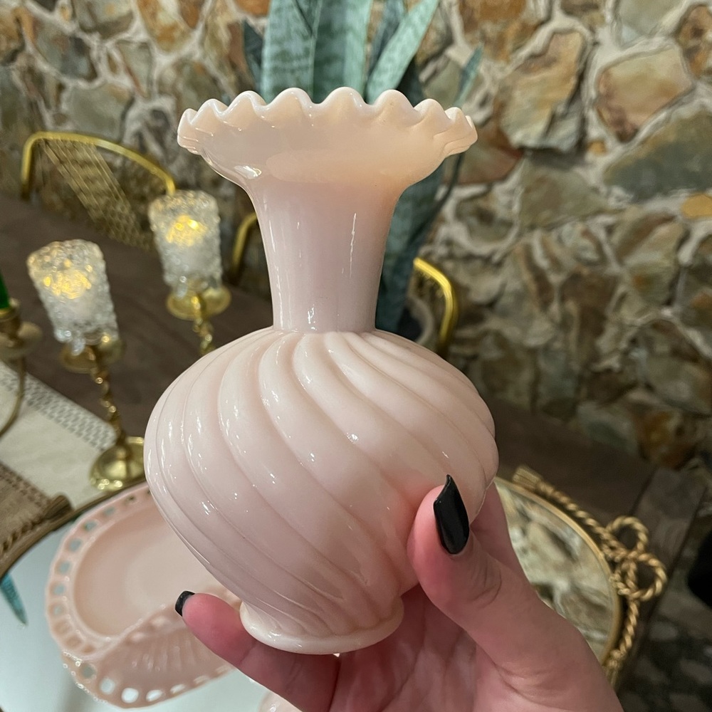 Vintage Pink Milk Glass Swirl Vase
